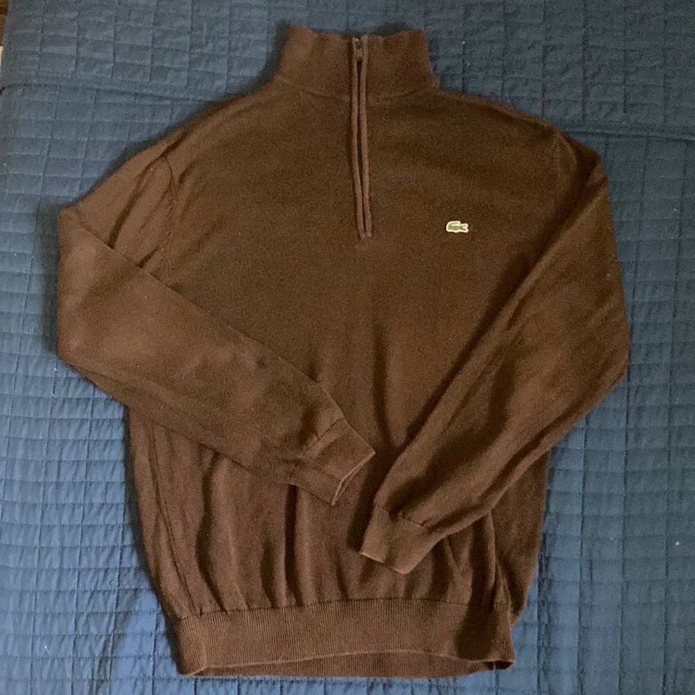 Men's Lacoste 1/4 Zip Pullover Sweater Brown 5 Large 100% Cotton
